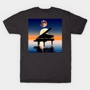 A Piano Sitting On Water At Dusk With 2 Planets In The Background. T-Shirt